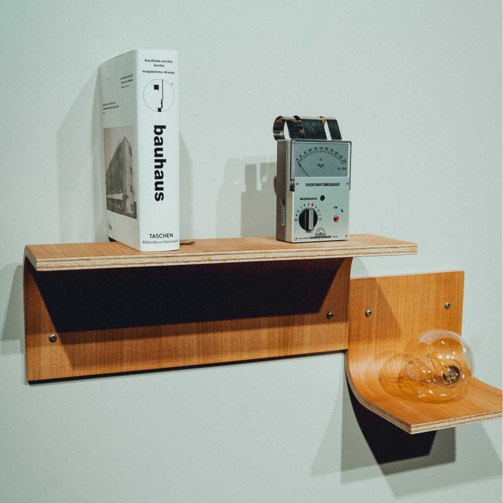 Modulares Wandregal aus der Curved-Serie in verschiedenen Größen und Holzarten.